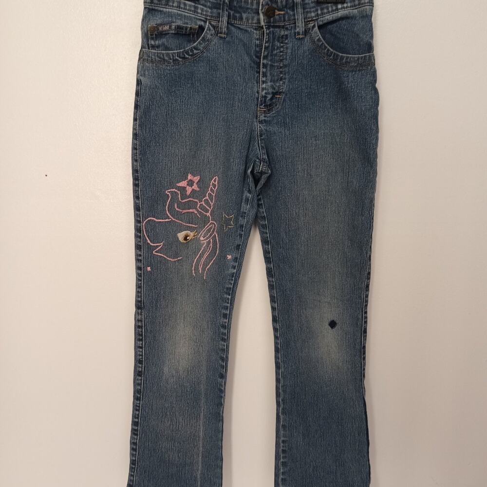 vintage Lee big girl Sz 14, unicorn patches blue distressed denim jeans.